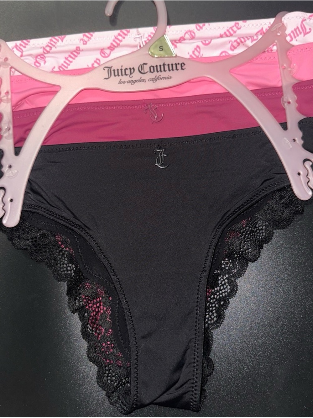 Juicy Couture Black & Pink Lace-Trim Bikini Panties Set